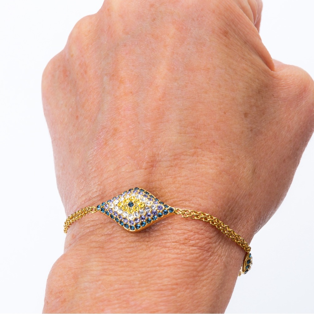 Angel Eye crystal bracelet gold tone with faux diamonds & sapphires Joan Boyce